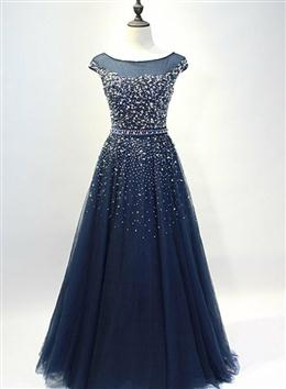 Picture of Navy Blue Shiny Sequins Round Neckline Tulle Party Dresses, A-line Tulle Blue Evening Dresses Prom Dresses